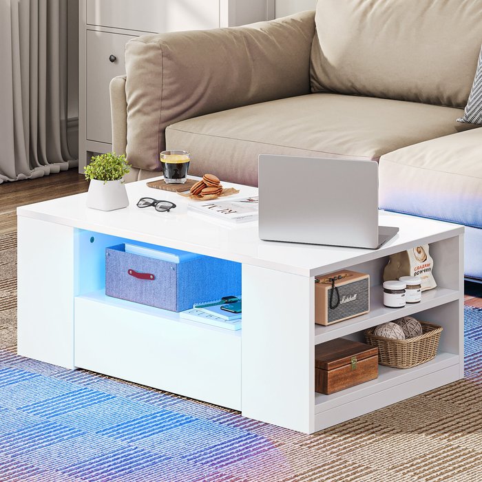 Mesa de centro balconera- iluminación led - 2 cajones - 95 x 55 x 37 cm - blanco