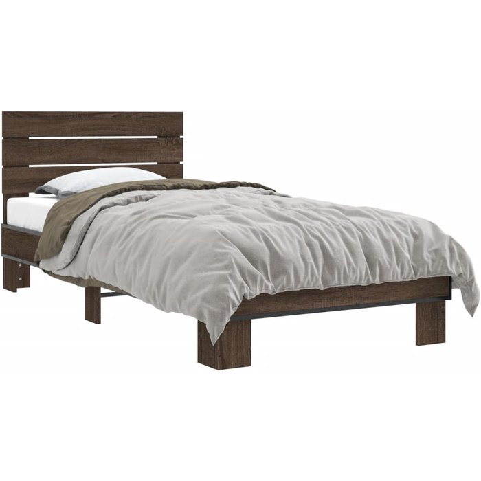 Vidaxl estructura cama madera ingeniería metal roble marrón 90x200 cm