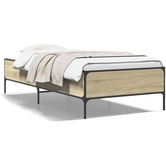 Estructura cama madera ingeniería metal roble sonoma 90x200 cm — comfortxl
