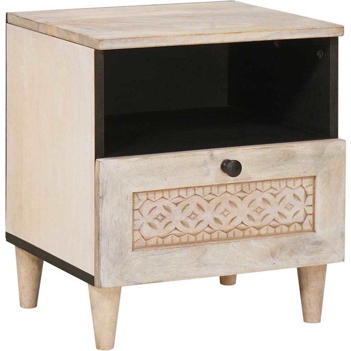 Mesita de noche beige, 40 x 33 x 46 cm, madera maciza de acacia.