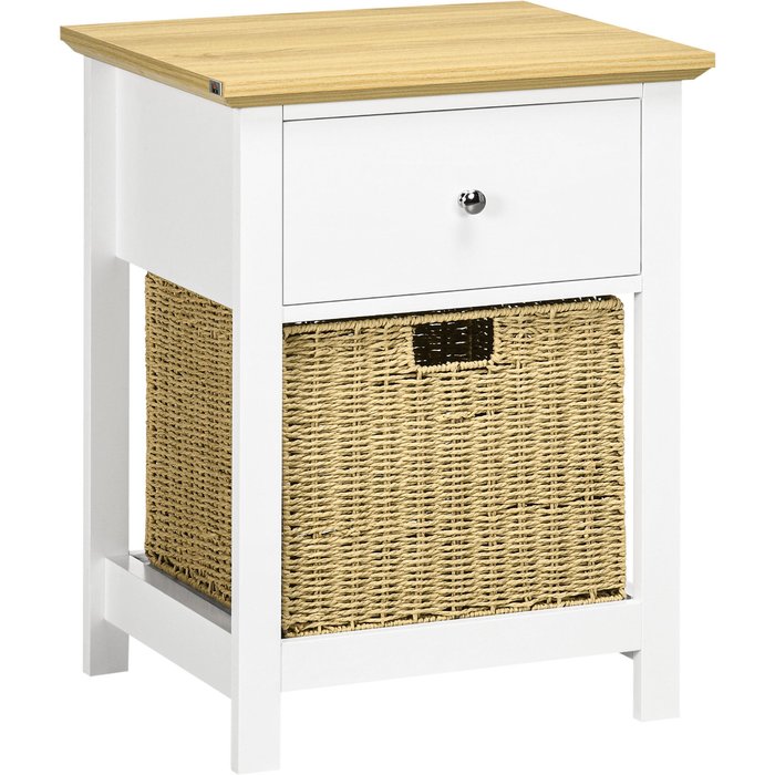 Mesa de noche moderna con cajón y cesta mimbre 49x39x64cm blanco madera