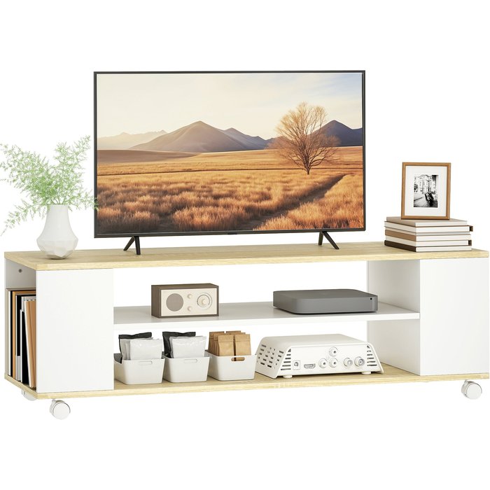 Mueble tv con ruedas 120cm blanco madera para tv 55'' 2 puertas 2 estantes