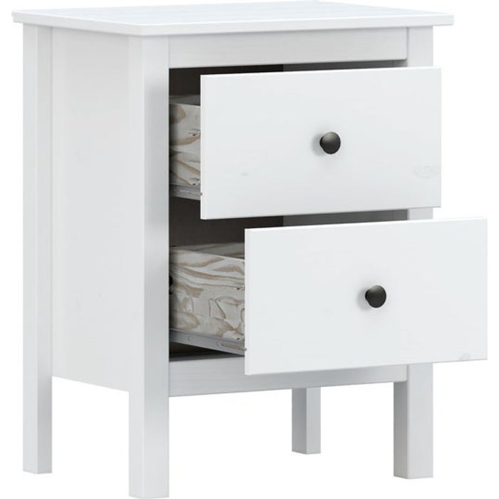 Mesita de noche de dos cajones en madera maciza de pino pintada (blanco)