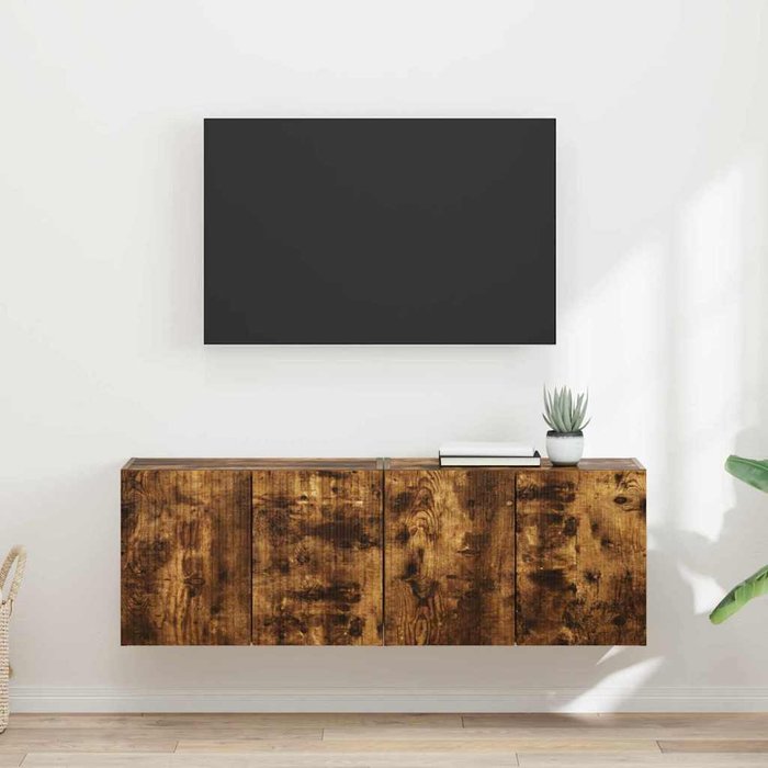 Mueble de tv de pared de 2 piezas, roble ahumado, 59,5 x 31 x 40 cm