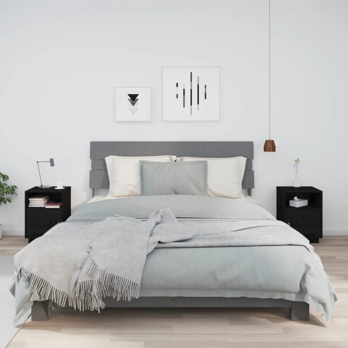 Mesitas de noche de 2 piezas, negras, 40x34x55 cm, madera maciza de pino.