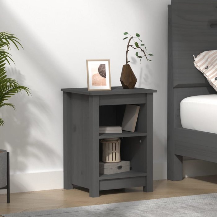 Mesita de noche gris, 40x35x55 cm, madera maciza de pino.