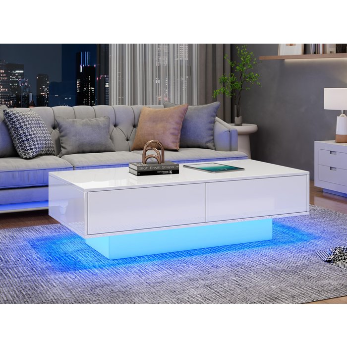 Mesa de centro moderna con led - 2 cajones - blanco