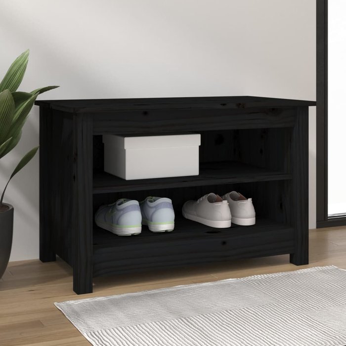 Banco zapatero negro de 70x38x45,5 cm, de madera maciza de pino.