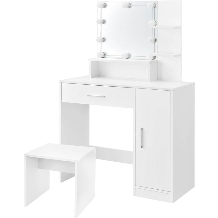 Tocador con espejo blanco mesa de maquillaje con luz led + taburete de madera