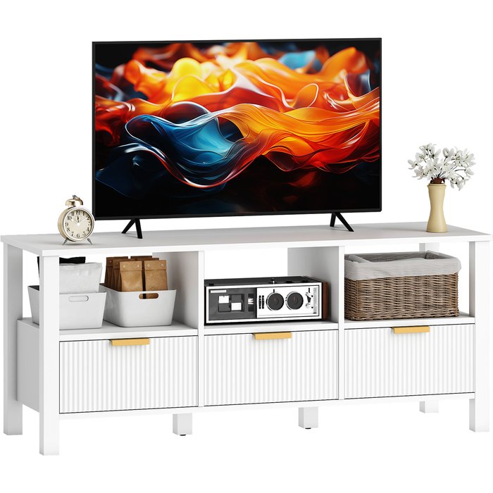 Mueble tv moderno blanco 120cm con 3 cajones y estantes para tvs 43-55 pulgadas
