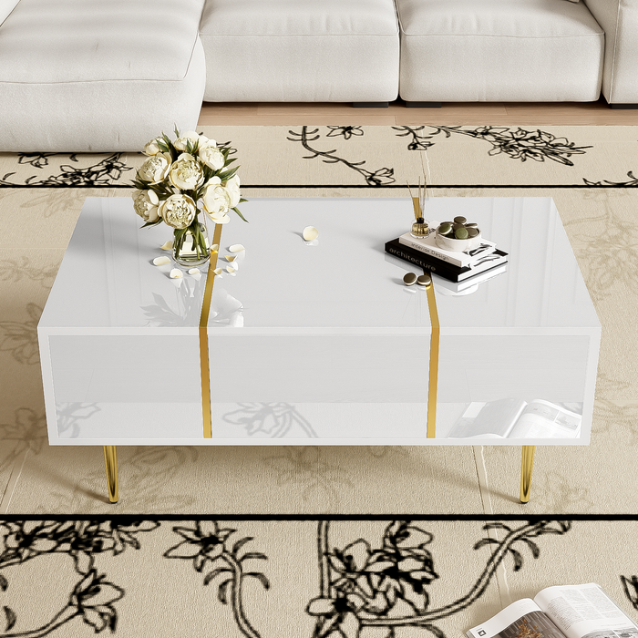 Mesa de centro brillante con 2 cajones, 100 x 60 x 41,5 cm, mdf, blanco
