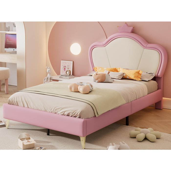 Cama infantil 90x200cm en símil piel - diseño único - rosa y blanco