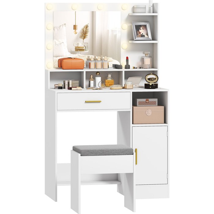 Tocador con espejo y 10 leds + taburete - blanco 80x40x135cm