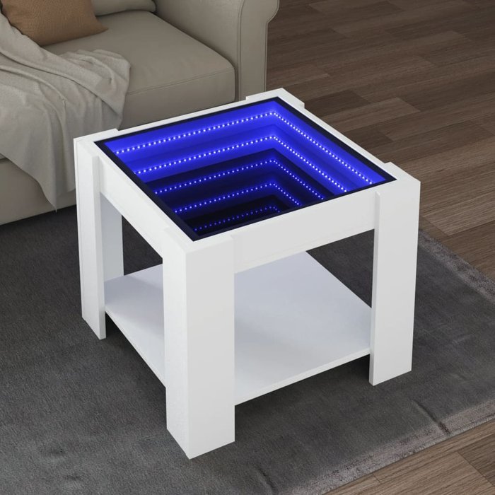 Mesa de centro con led madera de ingeniería blanca 53x53x45 cm