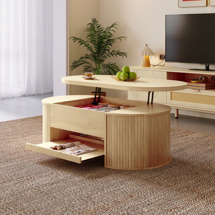 Mesa de centro elevable con 1 cajón ovalado - 110 x 55,5 x 55 cm - mdf - natural