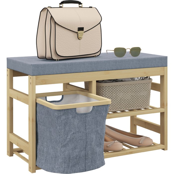 Banco zapatero bambú con asiento 4 pares 69x30x45cm madera gris
