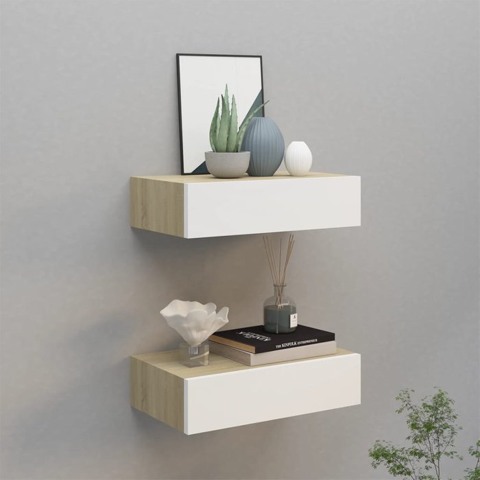 Estantes para cajones de pared 2 uds roble y blanco 40x23,5x10cm mdf