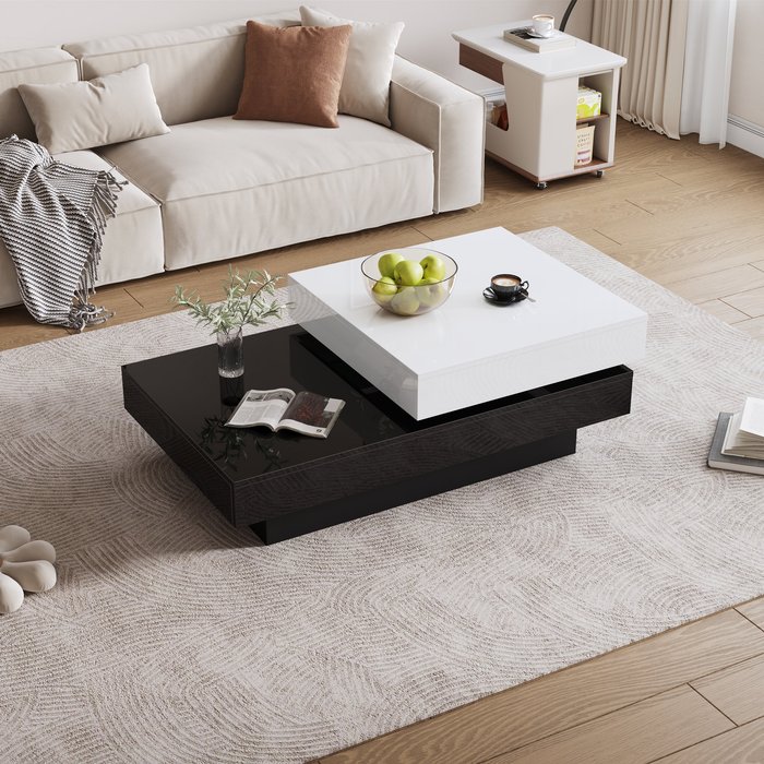Mesa de centro giratoria, 103 x 60 x 35,5 cm, aglomerado, negro/blanco