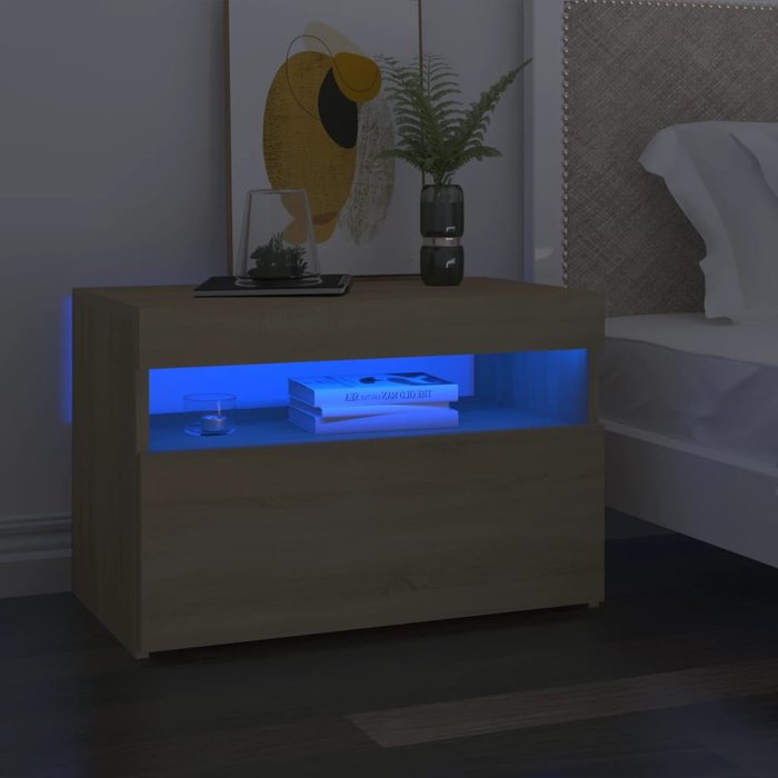 Mesita de noche con luces led, roble sonoma, 60x35x40 cm