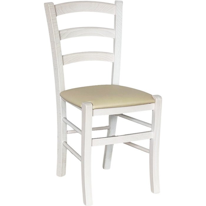 Silla venezia paesana de madera blanca con asiento en polipiel beige