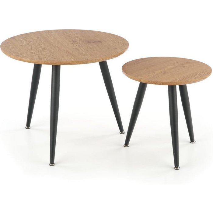 Juego de dos mesas nido redondas de roble dorado con patas de metal negro sirona