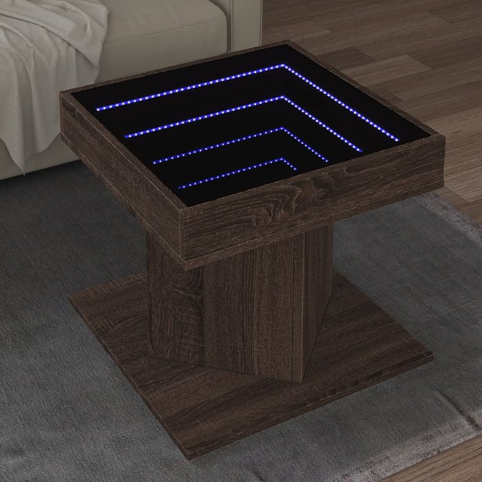 Mesa de centro con led, roble marrón, 50x50x45 cm, madera de ingeniería.