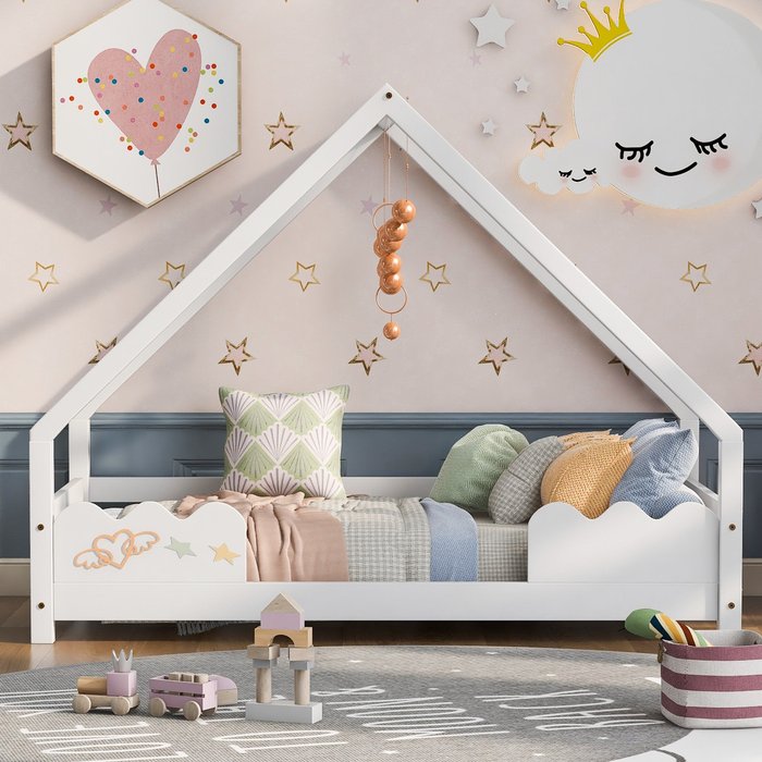 Cama infantil 90x200cm con protección anticaída, en madera maciza blanca