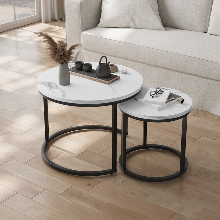 Set 2 mesas nido cuadradas, ahorro espacio, hierro, blanco y negro