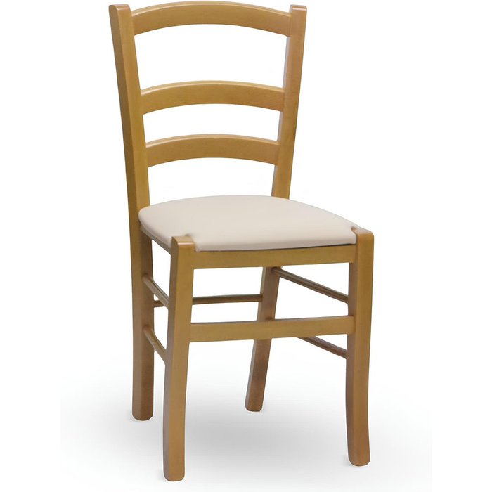 Silla venezia de madera de nogal claro con asiento tapizado en símil piel beige