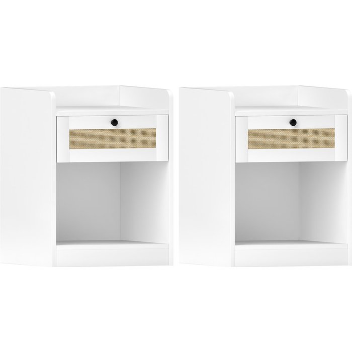 Conjunto 2 mesitas de noche blancas con cajón mimbre 40x40x53cm