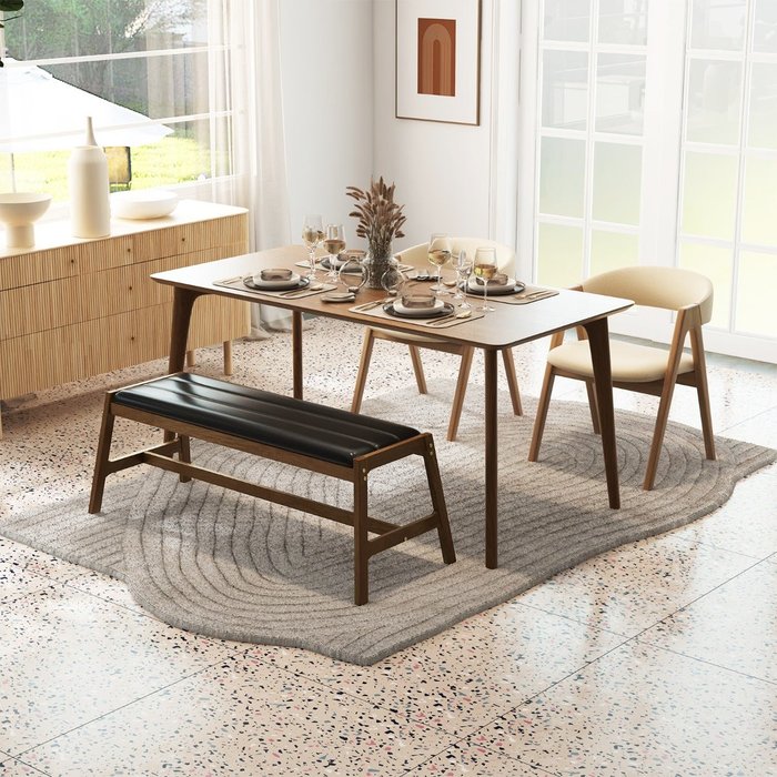 Banco madera maciza asiento acolchado cuero sintético 127x48x47cm nogal