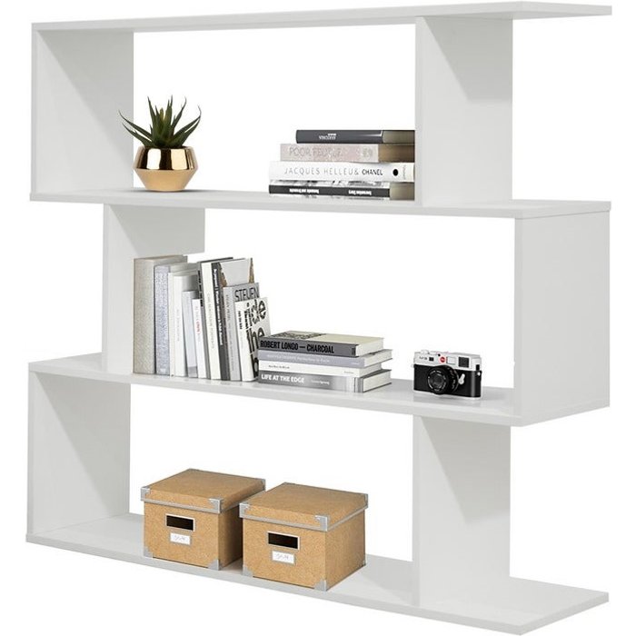 Librería zig zag con 3 compartimentos en madera blanca mate 110x97x25 cm