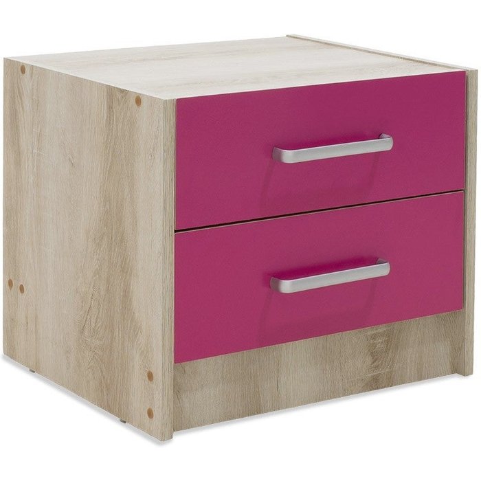 Mesilla de noche con 2 cajones, roble y rosa, 47,5x40,5x40,5cm - diseño actual.