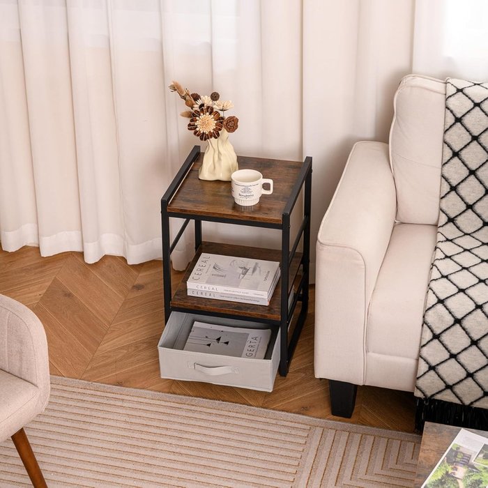 Mesa auxiliar industrial 40cm con cajón de tela y estante abierto - marrón