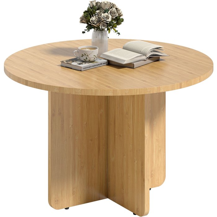 Mesa de centro redonda, mesa de salón de bambú con base en cruz, natural