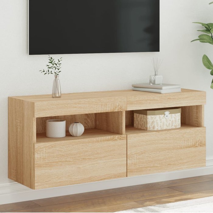 Mueble de tv de pared con luces led, acabado roble sonoma, 100x30x40 cm
