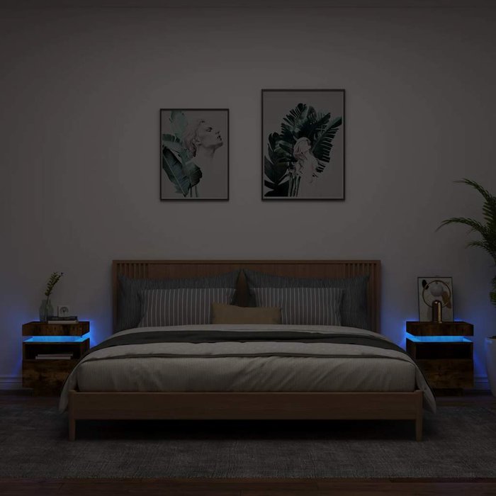 Mesitas de noche con luces led 2 unidades roble ahumado 40x39x48,5cm