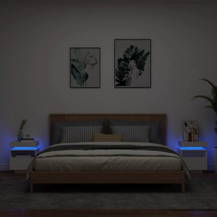 Mesitas de noche con luces led, 2 unidades, blancas, 40x39x48,5 cm