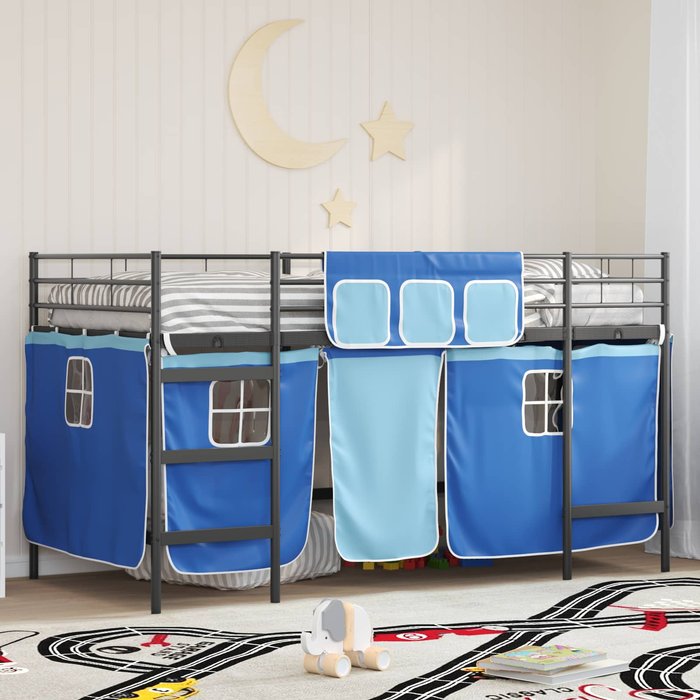 Estructura de cama alta para niños con cortinas negro y azul vidaxl