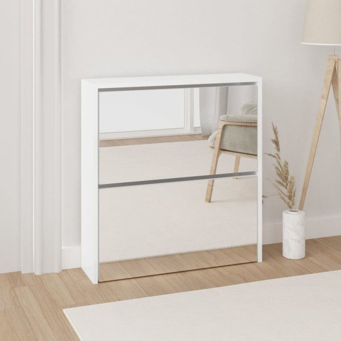 Vidaxl mueble zapatero con espejo 2 niveles blanco brillo 63x17x67 cm