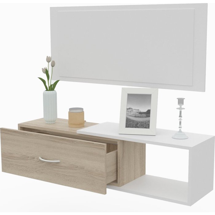 Mueble recibidor con cajon mas espejo, 1m de ancho. blanco / roble dormidán