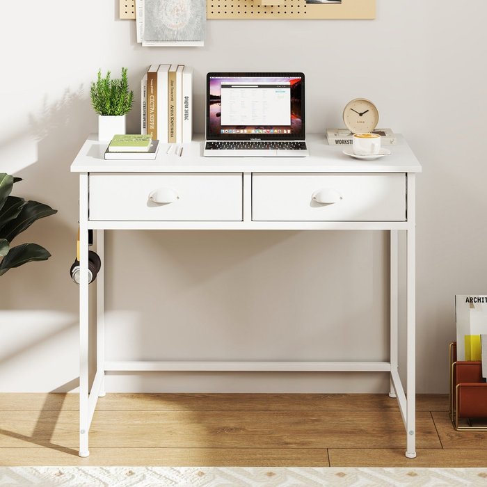 Mesa de escritorio compacta metal blanco 90x45x75cm con 2 cajones y 4 ganchos