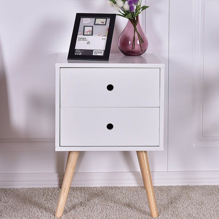 Mesa de noche blanca con 2 cajones mdf y patas de madera 40x40x60cm dormitorio