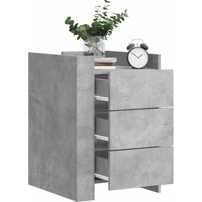 Mesita de noche gris hormigón de 45x50x65 cm, fabricada en madera de ingeniería.