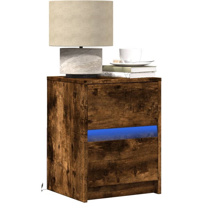 Mesita de noche con luces led madera ingeniería roble ahumado