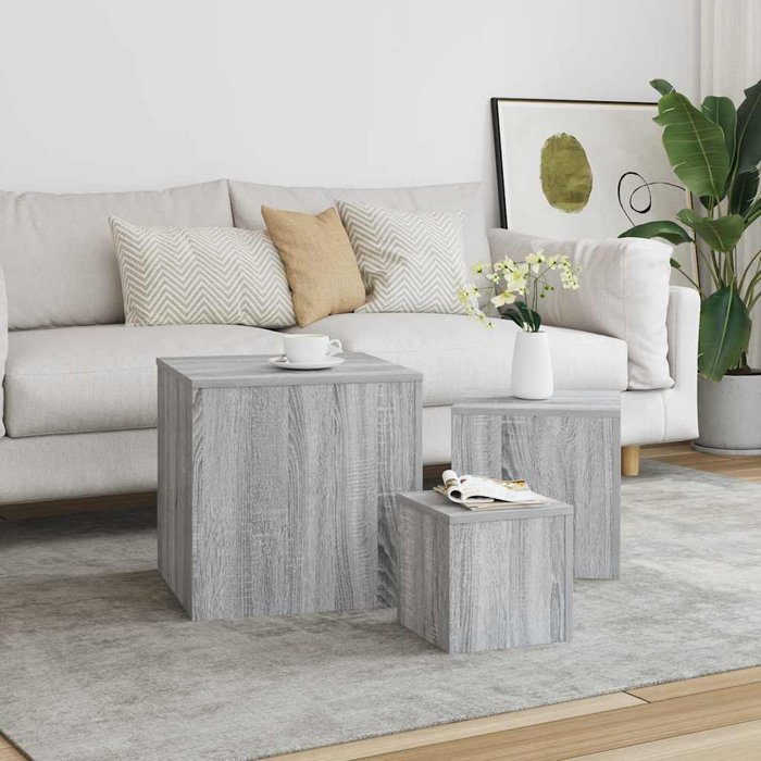 Mesitas auxiliares 3 piezas madera contrachapada gris sonoma