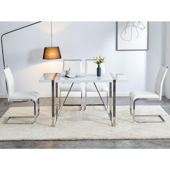 Juego de 2 sillas de comedor - piel sintética y respaldo de lino - blanco