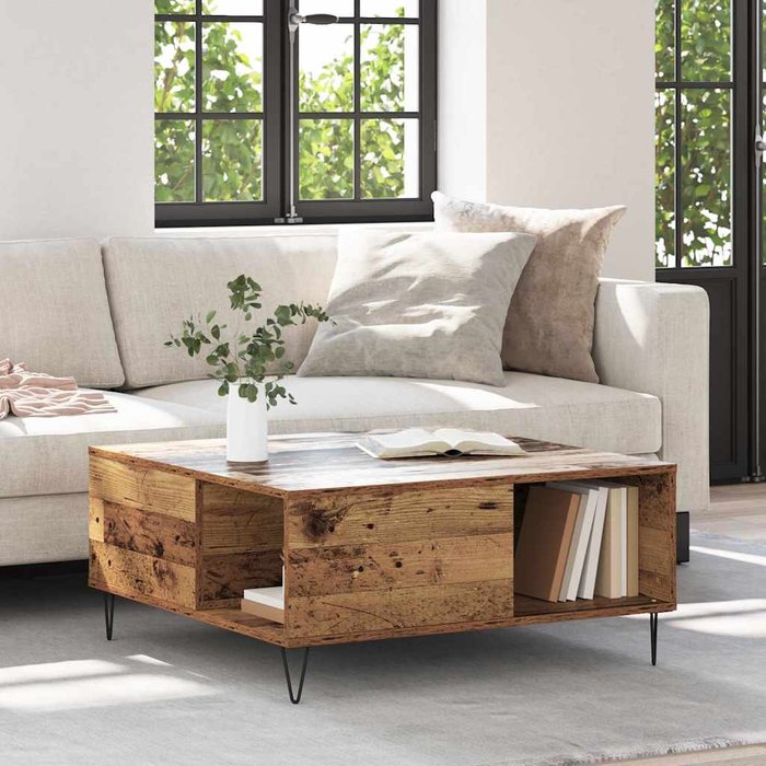 Mesa de centro, madera antigua, 80 x 80 x 36,5 cm, madera de ingeniería.