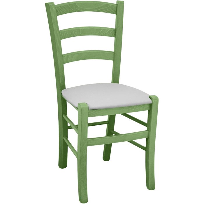 Silla venezia de madera verde con asiento de piel sintética gris claro