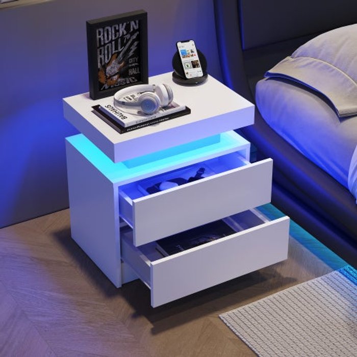 Mesita de noche led moderna con 2 cajones, mueble de cabecera blanco